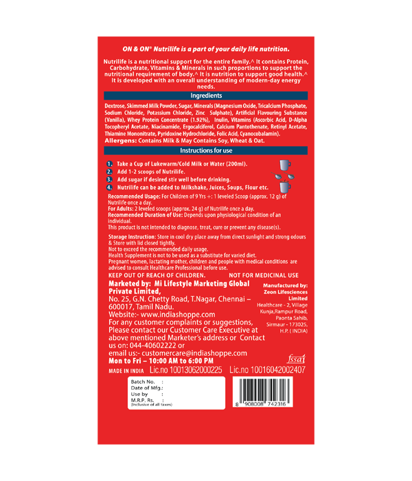 ON&ON Nutrilife Vanilla (750g) - Image 2